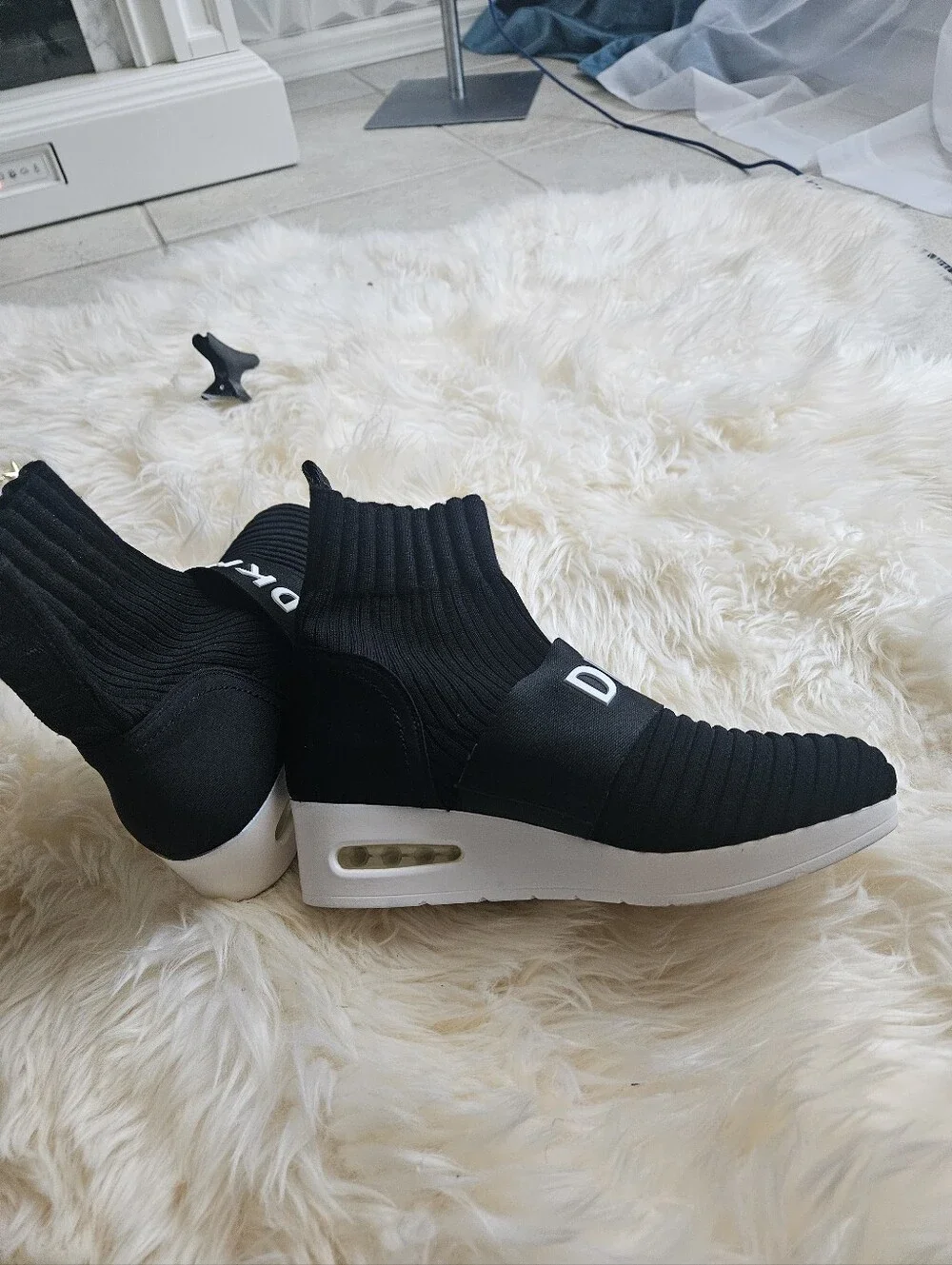 DKNY Black Slip-On Sock Sneakers with White Logo